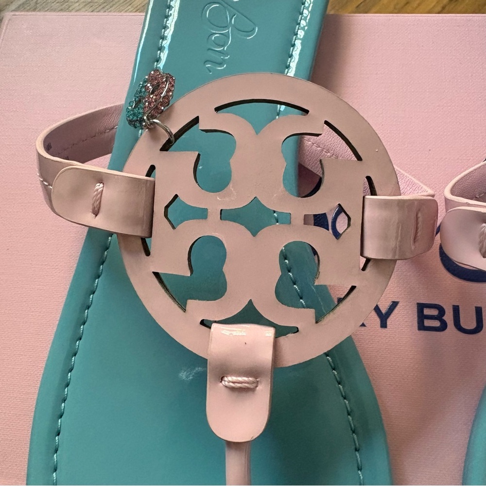 Tory Burch x BonBon Miller Patent Leather Pink and Blue Sandals Cotton Candy 10 - Picture 9 of 14